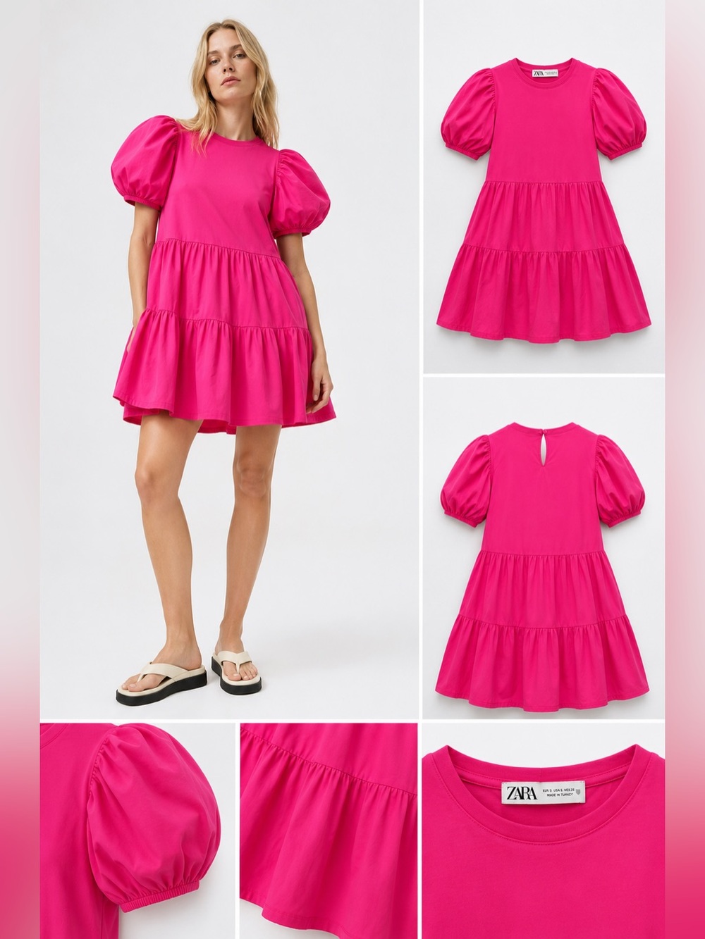 Zara Womens Puff Sleeve Tiered Mini Dress - Size Medium Barbiecore